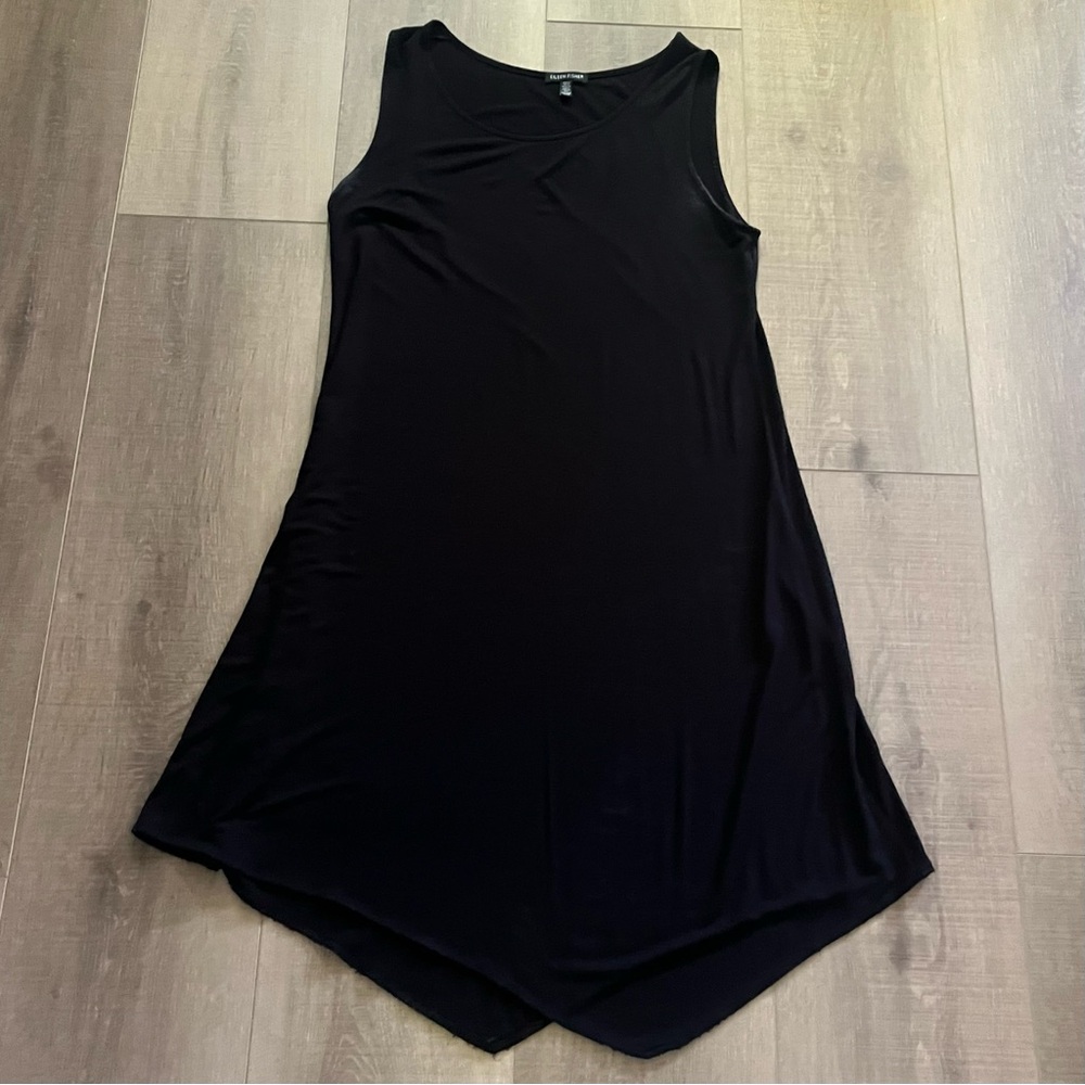 Eileen Fisher Medium Black Sleeveless Stretch Jersey Midi Dress Asymmetrical‎ - Picture 6 of 7
